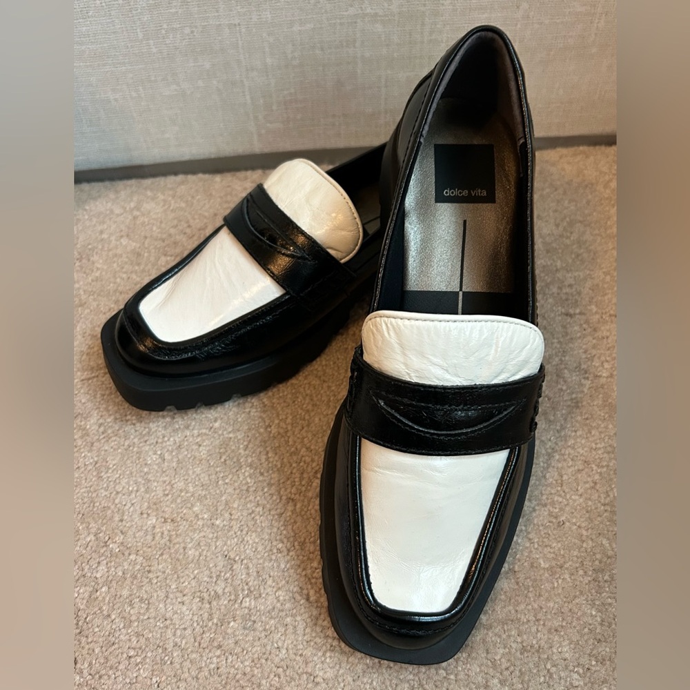 DOLCE VITA Elias Womens Shoes Black White Crinkle Patent Size 8 NEW IN BOX